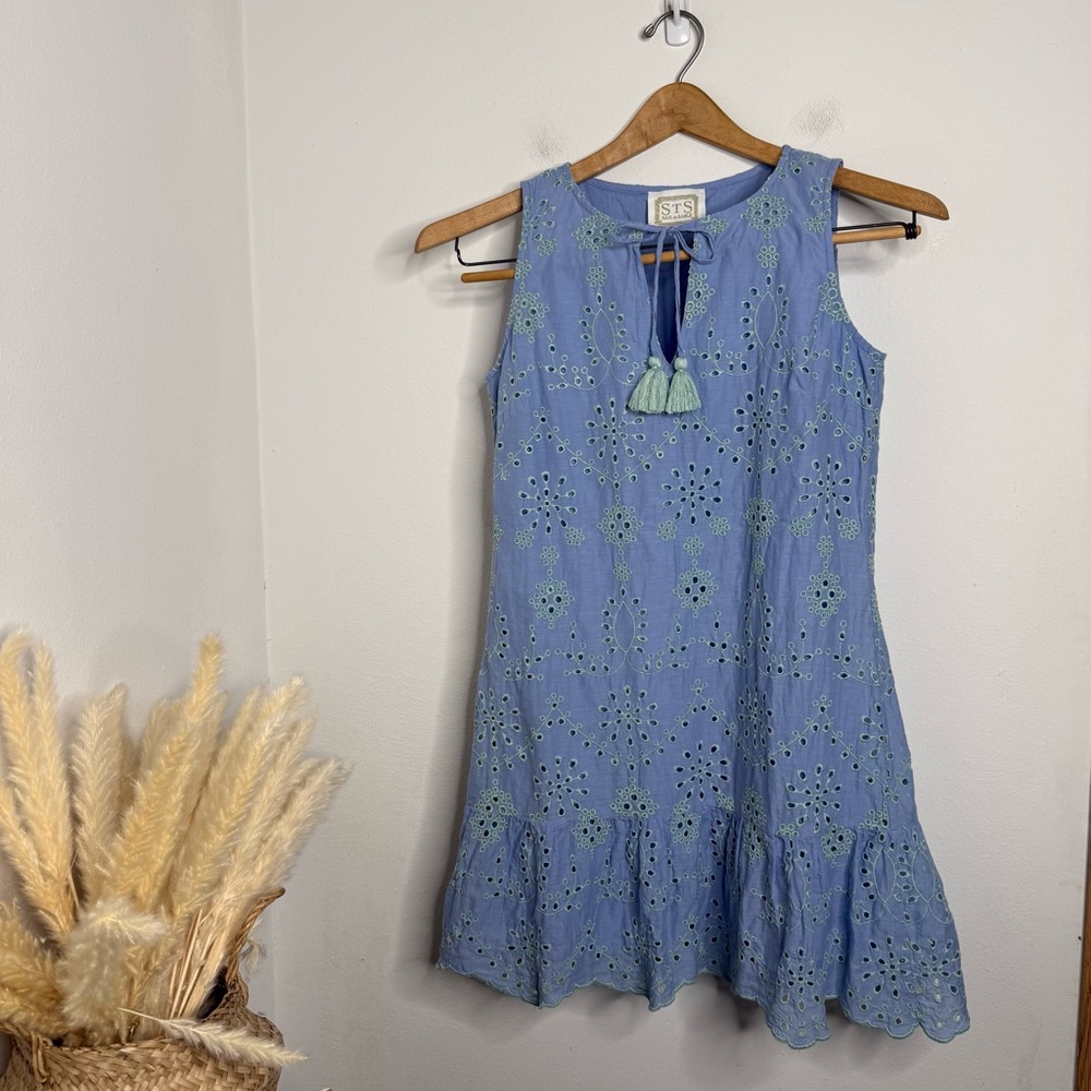 SAIL to SABLE Eyelet Sleeveless Ruffle Hem Dress Cabbage/Hydrangea Cotton Sz S - Picture 4 of 15